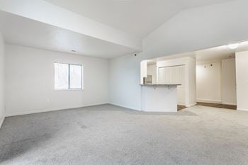 A large empty room with a carpeted floor and a window